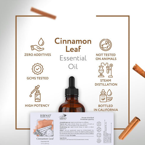 HBNO California Bottled Cinnamon Essential Oil (Leaf) 4 fl oz (120ml) - Natural Cinnamon Oil - Perfect for Cleaning, Aromatherapy, DIY, Soap & Dif...