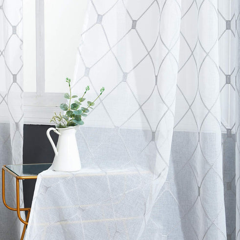 Top Finel Short Sheer Curtains 45 Inch Length for Bathroom,Privacy White and Gray Embroidered Diamond Grommet Window Treatments Curtains for Livin...