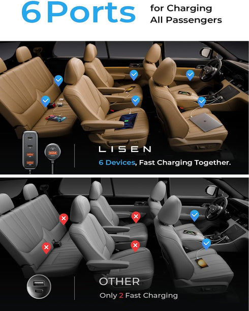 AINOPE Car USB Charger Multi Port, 108W Fast USB C Car Charger PD 36W & QC3.0 Cigarette Lighter Car Travel Essentials for Long Trips Kids with 5FT...