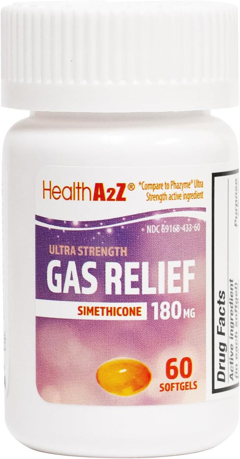 HealthA2Z® Gas Relief Simethicone 180mg | Ultra Strength | Relieves from Stomach Discomfort and Gas | Anti Flatulence | Relieves Gas Fast (60 Coun...