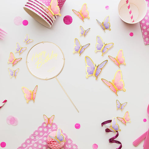 Bucherry 81 Pieces 3D Butterfly Cupcake Topper Gold Round Acrylic Happy Birthday Cake Topper Butterflies Cake Decorations for Birthday Wedding Par...