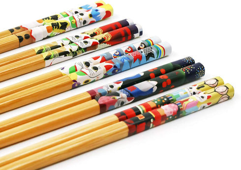 5 Pairs Chopsticks with 6 Cute Lucky Cats Chopstick Rest Set, Classic Japanese Style Reusable Light and Handy Natural Bamboo, Chinese Chopstick gi...