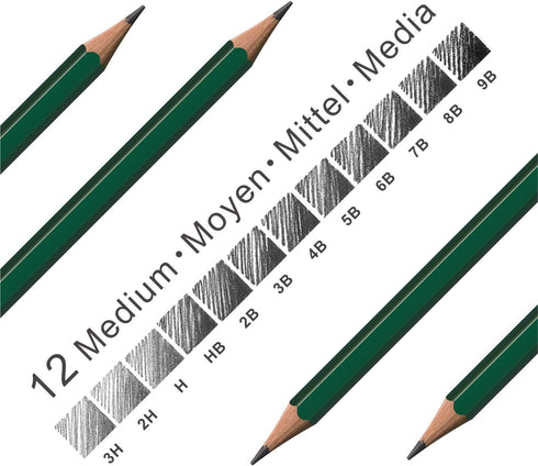 Pasler sketch graphite pencil set spanning 12 degrees (3H, 2H, H, HB, 2B, 3B, 4B, 5B, 6B, 7B, 8B, 9B) pre-sharpened pencils...