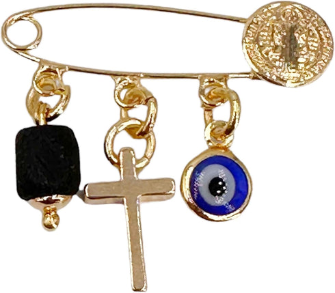 LESLIE BOULES Gold Plated Saint Benedict Baby Brooch Jeweled Safety Pin Genuine Azabache and Evil Eye Pendant Protection Jewelry...