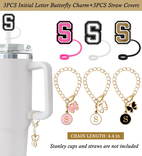 ?3 +3) Nuozme Straw Cover Compatible with Stanley Tumbler Cup 3PCS Letter Straw Caps Toppers with 3 Initial Butterfly Charms Name ID For Stanley 3...