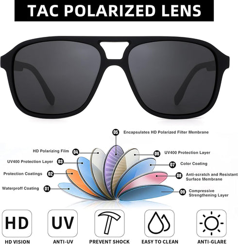 JIM HALO Polarized Aviator Sunglasses Men Women Vintage Square Driving Glasses (Matte Black Frame/Polarized Grey Lens)...