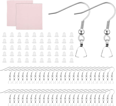 Stainless Steel Earring Hooks DIY Earring Making Kit, 50 Pcs Hypoallergenic Earring Hooks with 50 Pcs Clear Silicone Earring Backs and 2 Pcs Polis...