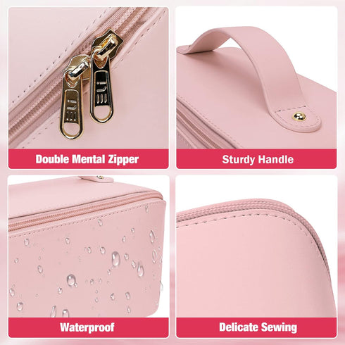 Ranslen Large Capacity PU Leather Travel Makeup Bag, Opening Cosmetic Bags, Waterproof Portable Toiletry Bag with Dividers and Handle, Valentine's...