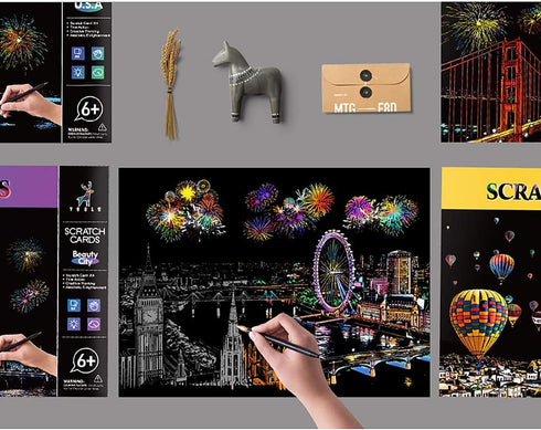 MIASTAR Scratch & Sketch Art for Kids & Adults, Rainbow Painting Night View Scratchboard(A4), Art & Craft, 4 Sheets Scratch Cards & Drawing Pen, C...