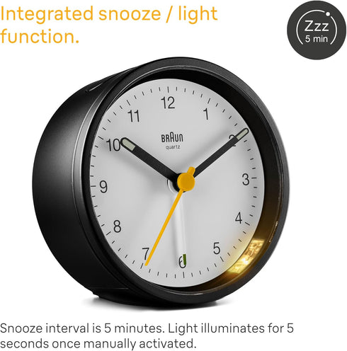 Braun Classic Analogue Alarm Clock with Snooze and Light, Quiet Quartz Movement, Crescendo Beep Alarm in Black and White, Model BC12BW....