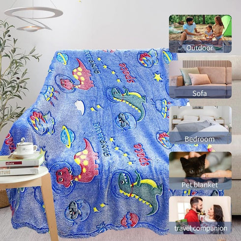 Dinosaur Blanket for Boys, Personalized Baby Blankets for Boys, Dinosaur Glow in The Dark Blanket for Kids, Toddler Blanket for Boys, Soft Fleece ...