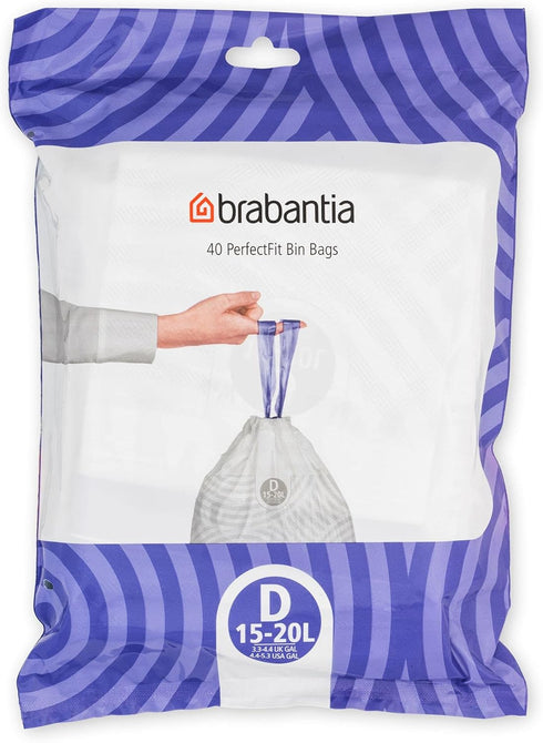 Brabantia PerfectFit Trash Bags (Size D/4.4-5.3 Gal) Thick Plastic Trash Can Liners with Drawstring Handles (40 Bags)...