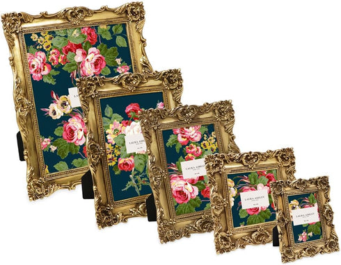 Laura Ashley 4x4 Gold Ornate Textured Hand-Crafted Resin Picture Frame with Easel & Hook for Tabletop & Wall Display, Decorative Floral Design Hom...