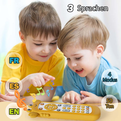 Baby TV Remote Control Toy with Soft Silicone Cute Carb Cover, Musical Realistic Play Remote Toy with Light and Sound, 3 Language Educational Lear...