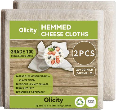 Olicity Cheesecloth, Grade 100, 20x20Inch Hemmed Cheese Cloths Reusable, 100% Unbleached Strainer Muslin Cloth for Cooking, Straining, Jelly Makin...