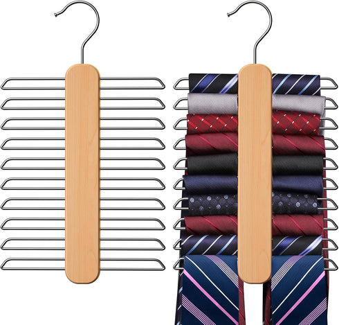 Tie Hanger, Rust Resistant Wooden Necktie Organizer with 20 Swivel Hooks, 360 Degree Rotation, Space Saving, Ideal for Closet Storage...