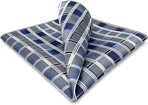 S&W SHLAX&WING Ties for Men Necktie Blue and Grey Check Extra Long Matching Pocket Square...