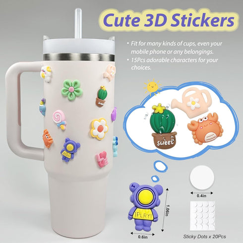 Stanley Cup Accessories Set Including 2 Pcs Straw Cover Cap for 9-10 mm Straws, 15 Pcs 3D Stickers, 2 Pcs Handle Charms, 1 Pcs Bling Silicone Boot...