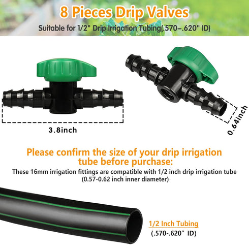1/2 Inch Drip Irrigation Barbed Valve, 8 Pack 1/2" Drip Barbed Shut Off Valves for 1/2 in. Drip Irrigation Tubing (.570-. 620" ID), 1/2" in-Line C...