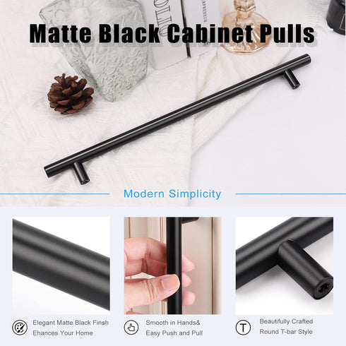 KNOBWELL 6 Pack 10" Black Cabinet Handles Euro Style Stainless Steel Modern Long Kitchen Cabinet Door Pulls, Overall Length 12-3/5"...