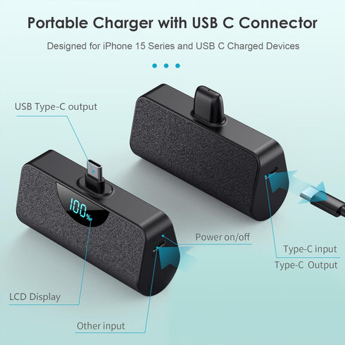Mini Portable Charger for iPhone 15, Upgraded 5200mAh USB C Power Bank, LCD Display Battery Pack Android Charger Compatible with iPhone 15/15 Plus...