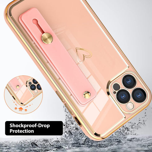 KANGHAR Designed for iPhone 13 Pro Max Case with Strap Luxury Love Heart Plating Gold Bumper Phone Cover Wristband Kickstand Full Body Protective ...