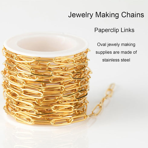 Jabogrii 5 Meters Stainless Steel Paperclip Jewelry Chains Gold Oval Soldered Chain for Jewelry Making Necklace Bracelet Chain with Lobster Clasps...