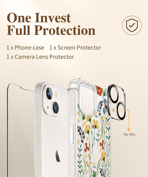 GVIEWIN Designed for iPhone 13 Case 6.1 Inch, with Tempered Glass Screen Protector + Camera Lens Protector Clear Flower Soft & Flexible Shockproof...