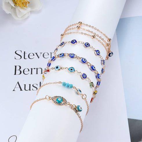 FIBO STEEL 6Pcs 14K Gold Plated Anklet Bracelets for Women Dainty Layered Evil Eye Anklet Beach Jewelry Gifts...