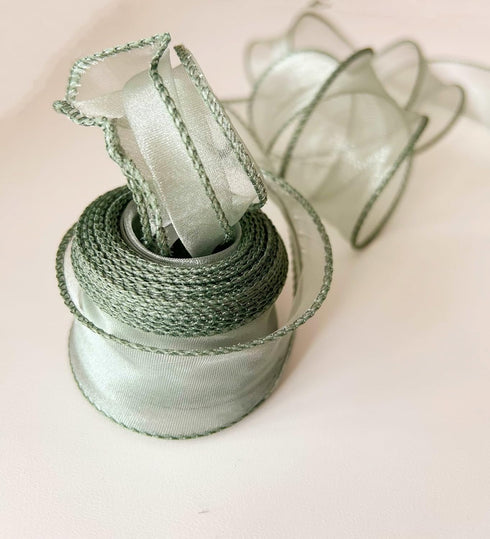 Moss/Sage Green Wired Chiffon Ribbon 1-1/2 Inch Wide 10 Yards Sheer Wired Organza Ribbon for Floral Decor Table Arrangements Apparel Embellishment...