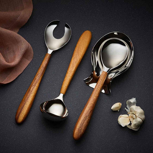 nambe Curvo Serving Fork | 13 Inch Serving Fork for Buffets, Salads, and Dinner Parties | Made of Stainless Steel and Acacia Wood | Designed by St...