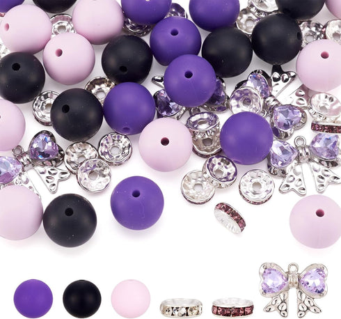 Magibeads 30Pcs 15mm Black and Purple Round Silicone Focal Beads Keychain Making Kit with Bowknot Rhinestone Spacer Beads for Crafts DIY Beadable ...