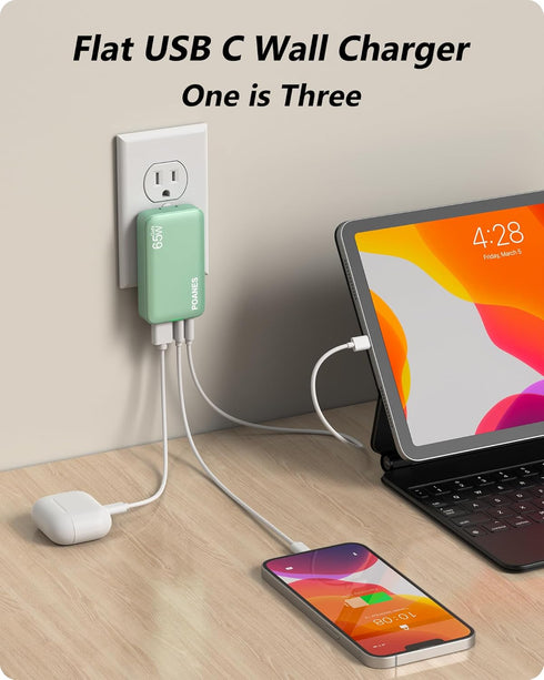65W GaN USB C Charger, 3 Port Flat USB Wall Charger with USB C and USB A, Ultra-Slim GaN Charger PD3.0&PPS, Foldable Plug for Travel for MacBook, ...