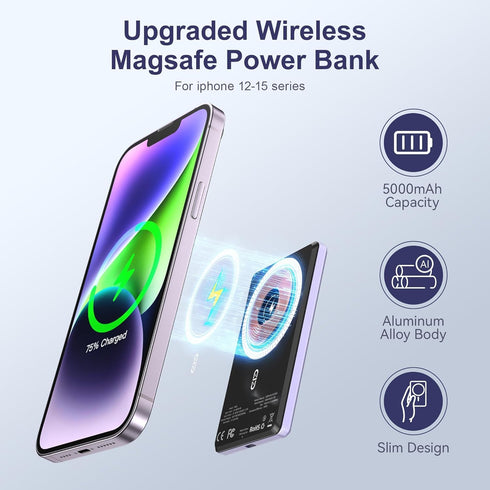 NOHON Mag-Safe Charger Battery Pack, 5000mAh 0.8mm Ultra Slim Compact Magnetic Power Bank, PD 20W Fast Charging Wireless Portable Charger for iPho...