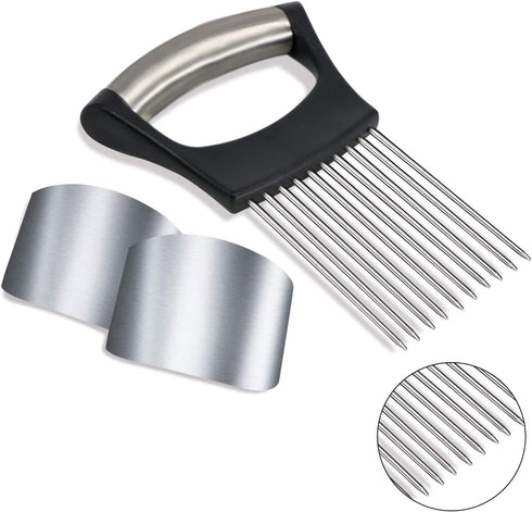 1PCS Stainless Steel Onion Holder Slicer, 2PCS Finger Guard, Holder Slicer for Vegetables, Tomato, Lemon, Meat...