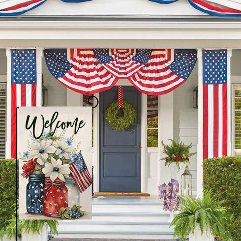 4th of July Floral Garden Flag 12x18 Vertical Double Sided Patriotic Mason Jar Flowers Red Blue Memorial Day Independence Day Holiday Outside Deco...