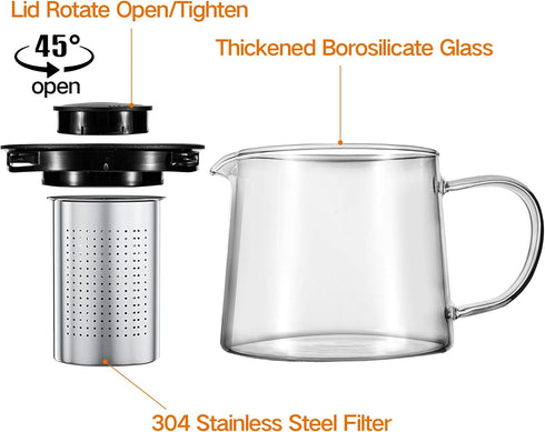 Glass Teapot 34oz/1000ml with Removable Stainless Steel Infuser Tea pot, Heatproof Borosilicate Glass Tea Make, Stovetop Safe Glass Tea Kettle for...