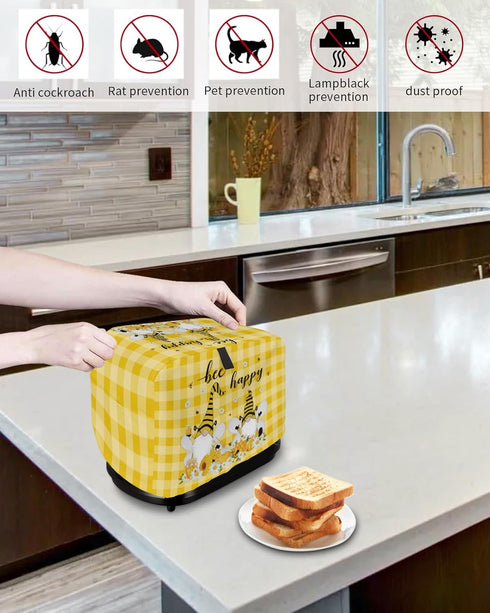 Toaster Cover 2 Slice, Bee Honey Gnomes Daisy Flower on Yellow White Buffalo Plaid Bread Maker Cover Toaster Dust Cover with Pockets, Dust-Proof C...