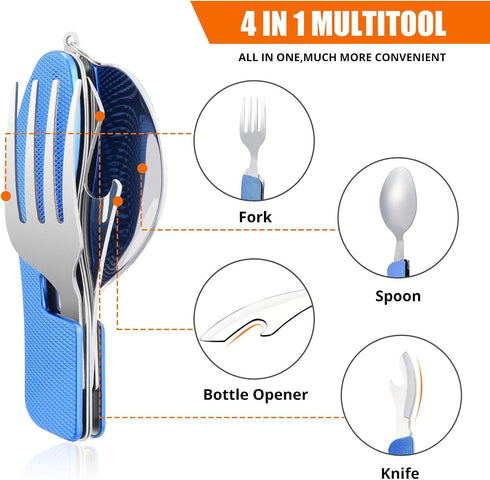 HIKENTURE Camping Utensils 2 Pack,4-in-1 Stainless Steel Spoon, Fork, Knife, and Bottle Opener Combo - Lightweight and Portable Travel Eating Silv...