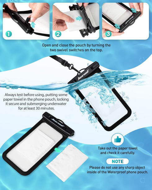 Hiearcool Waterproof Phone Pouch, Universal Case Compatible for iPhone 15 14 13 12 Pro Max Plus Up to 8.3", IPX8 Beach Travel Essentials-Black-2 P...