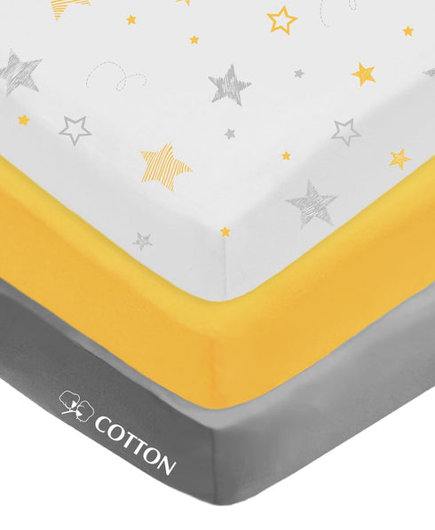 American Baby Company 3 Pack Fitted Mini Crib Sheet 24" x 38", Soft Breathable Neutral 100% Cotton Jersey Portable Sheet, Yellow Star/Yellow/Gray,...