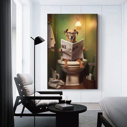 FireDeer Funny Bathroom Canvas Wall Art Dog Animal Reading the Newspaper On Toilet Poster Humor Painting Canvas Prints Modern Aesthetic Picture Fa...