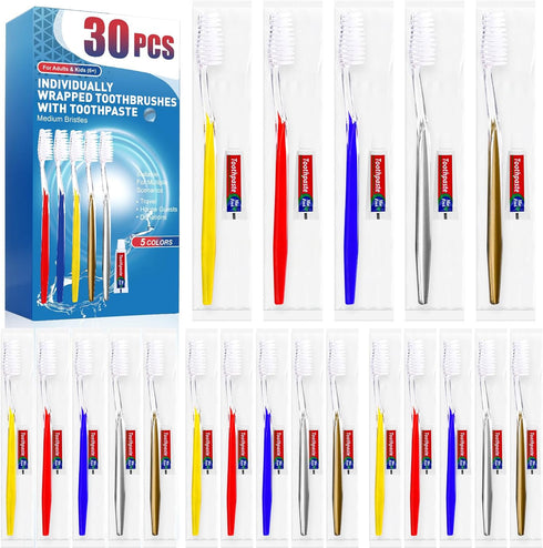 30 PCS Individually Wrapped Bulk Toothbrushes with Toothpastes, Colorful Manual Disposable Toothbrushes for Adult or Kid, Ergonomics Handle, Mediu...
