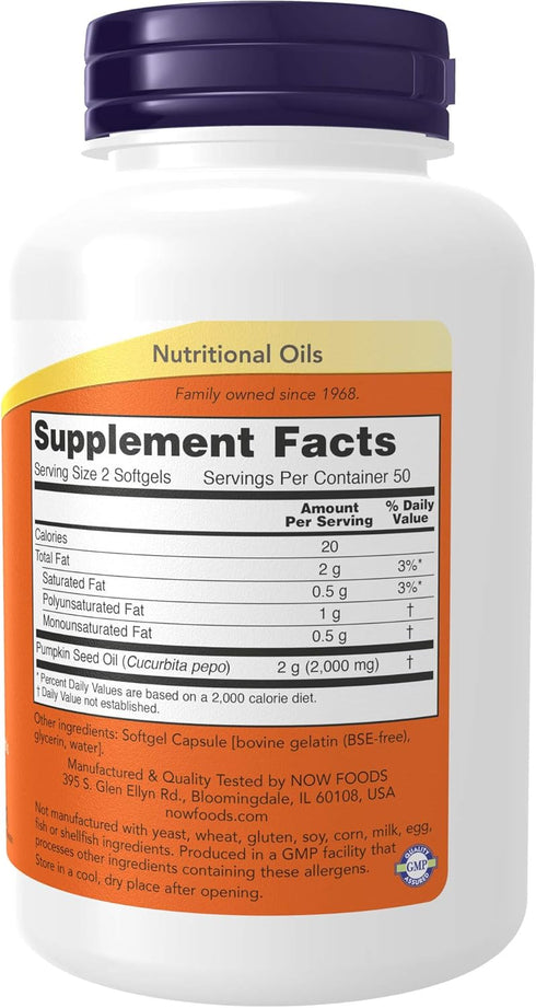 NOW Supplements, Pumpkin Seed Oil 1000 mg with Essential Fatty Acids and Phytosterols, Cold Pressed, 100 Softgels...
