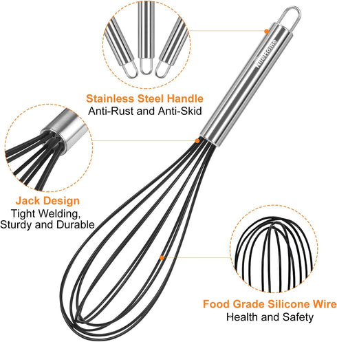 NileHome Whisk Commercial Whisks Stainless Steel & Silicone Non-Stick Coated Small Whisk Set 8" 10" 12" Kitchen Wisk Wire Whisks for Cooking 3 Pac...