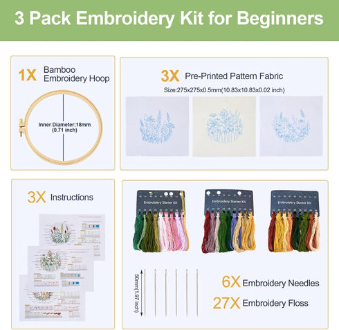 Magibeads 3 Sets Flower Leaf Water Soluble Embroidery Starter Kit Cross Stitch Patterns Crochet Kit with Embroidery Thread Fabric Instruction Knit...