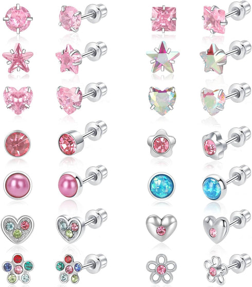 14 Pairs Surgical Steel Screw Back Earrings Sets Hypoallergenic Screw Back Stud Earrings Cute Heart Tiny CZ Flower Pink Stud Earrings for Women...