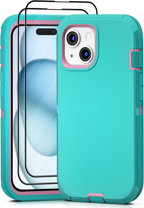 iPhone 15 Case with 2 Pack Screen Protector - Heavy Duty Shockproof Military Grade Drop Protective Full Body Rugged Dust-proof Cover(AquamarinePin...