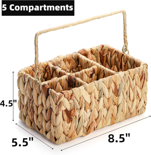 Wicker Flatware Organizer, Woven Divided Utensil Caddy, Water Hyacinth Cutlery Holder, Picnic Silverware Flatware Storage Basket Carrier with Hand...