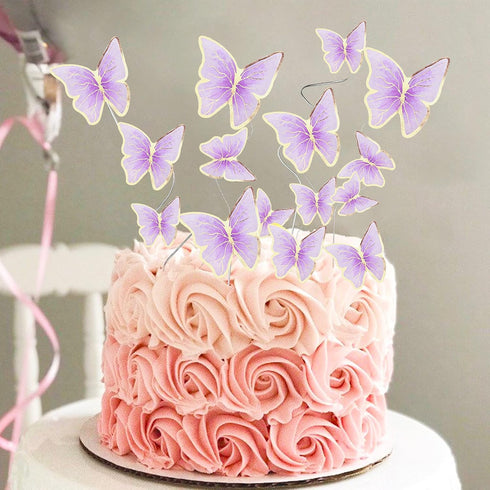 Set of 66 Pack Purple Gold Cupcake Toppers Mixed Size&Colour 3D Butterfly Cake Picks Decorations with Dot Glue and Support Stick for Girl Women We...